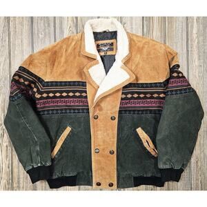 Vintage Interstate Leather Suede Jacket Sherpa Aztec Southwestern Mens Sz 2XL